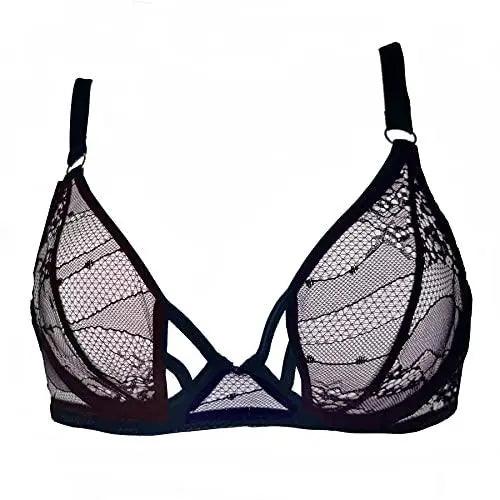 Women's 3/4 Cup Strappy Floral Lace Bra Sheer Mesh Plunge Bra