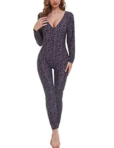 Drop Seat Pajamas - Sexy Deep V Neck Cooling Butt Flap Pajamas Onesie Long Sleeve - AngAbRiel Best Lingerie Shop Online