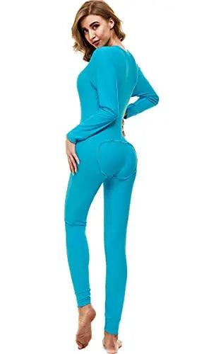 Drop Seat Pajamas - Sexy Deep V Neck Cooling Butt Flap Pajamas Onesie Long Sleeve ANGABRIEL