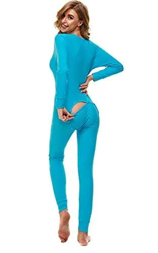 Drop Seat Pajamas - Sexy Deep V Neck Cooling Butt Flap Pajamas Onesie Long Sleeve ANGABRIEL