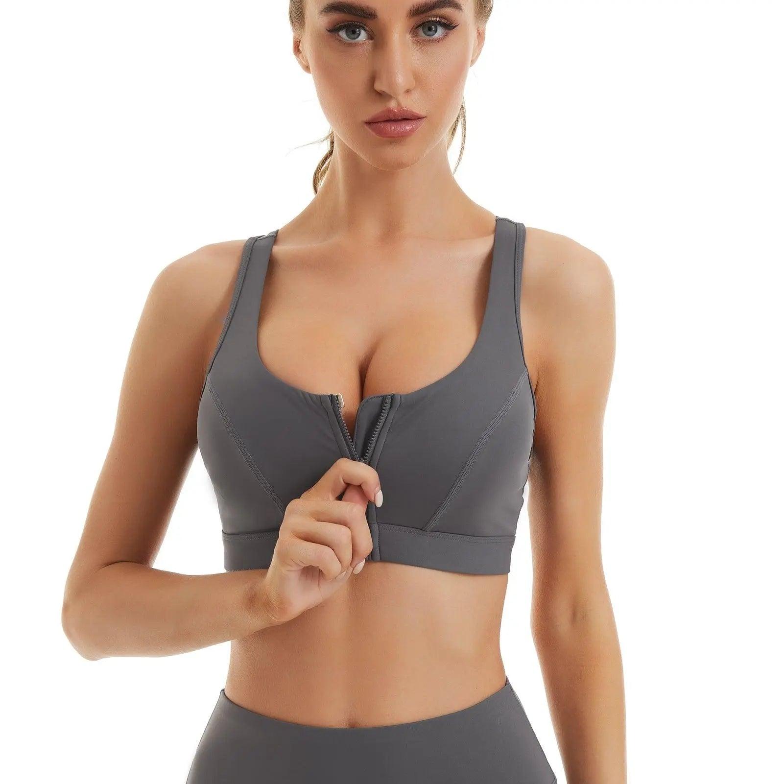 Pretty Comy Zipper in Front Sports Bra High Impact Strappy Back Support  Workout Top 