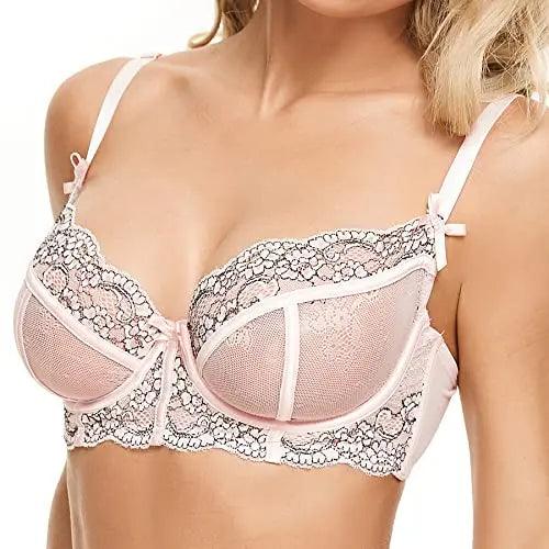 Women's 3/4 Cup Strappy Floral Lace Bra Sheer Mesh Plunge Bra Balconette Bra  Sexy Non-Padded Floral Lace Underwire Bra Soft Cup 