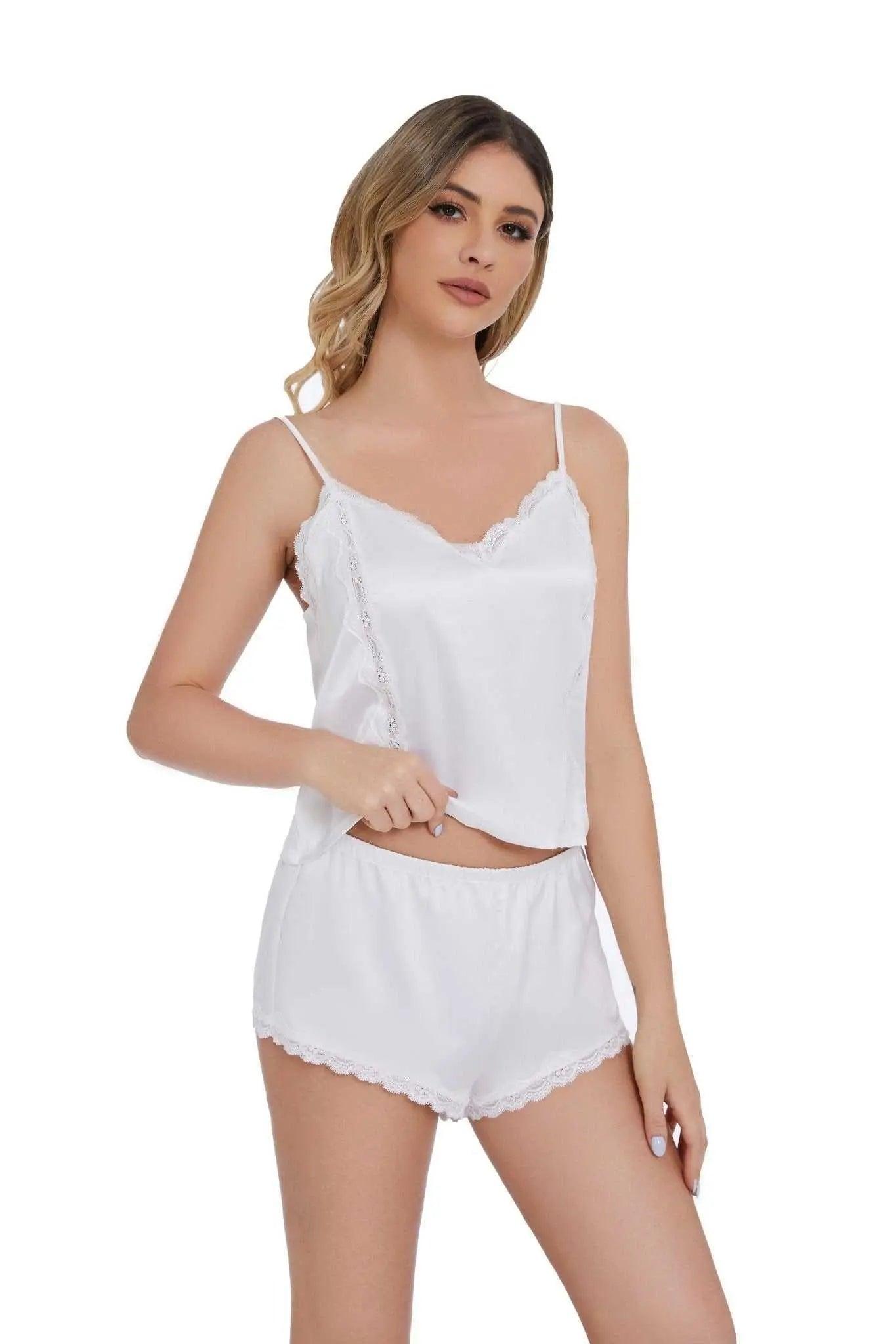 Women's Adjustable Straps Pajama Set with Lace Trim Short