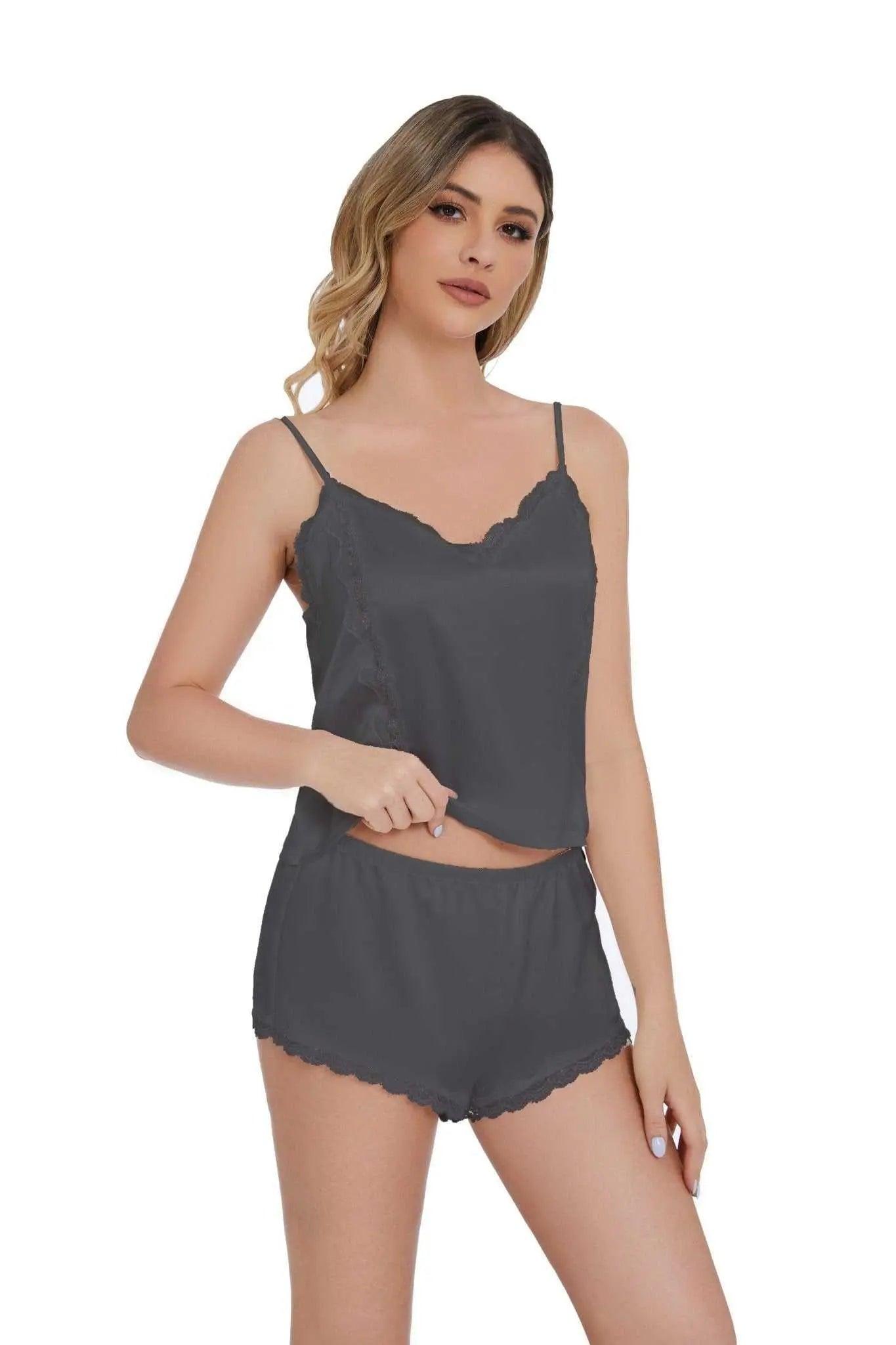 Women's Adjustable Straps Pajama Set with Lace Trim Short