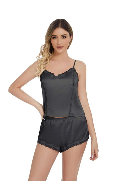 Women's Adjustable Straps Pajama Set with Lace Trim Short