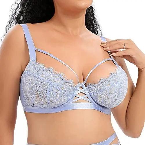 ANGABRIEL Women's 3/4 Cup Strappy Floral Lace Bra Sheer Mesh Plunge Bra  Non-Padded Unlined See Through Bra, Blue, 32D