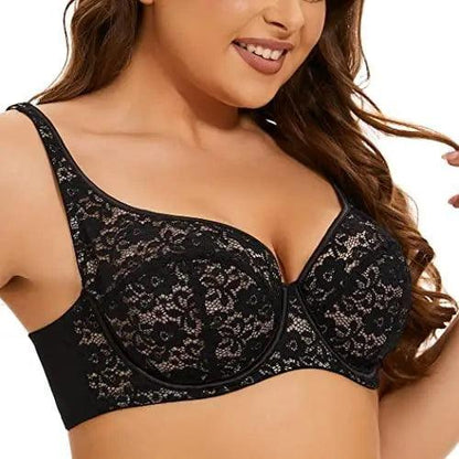 Women's Eyelash Plus Size Underwire Unlined Lace Bra for Heavy Breast