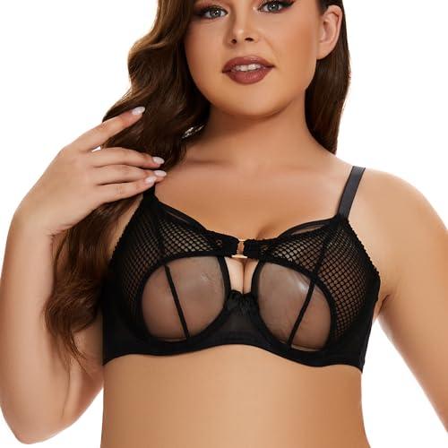 ANGABRIEL Sheer Mesh Bra for Women Black Fishnet Panelled Balconette Bra Undwired Unlined Lace Bra - AngAbRiel Best Lingerie Shop Online