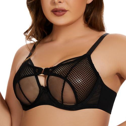 ANGABRIEL Sheer Mesh Bra for Women Black Fishnet Panelled Balconette Bra Undwired Unlined Lace Bra - AngAbRiel Best Lingerie Shop Online