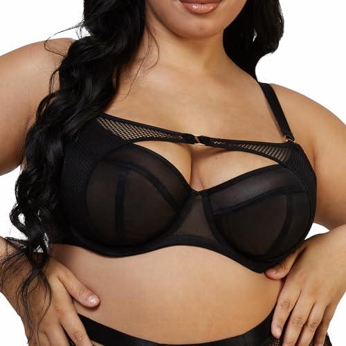 ANGABRIEL Sheer Mesh Bra for Women Black Fishnet Panelled Balconette Bra Undwired Unlined Lace Bra - AngAbRiel Best Lingerie Shop Online