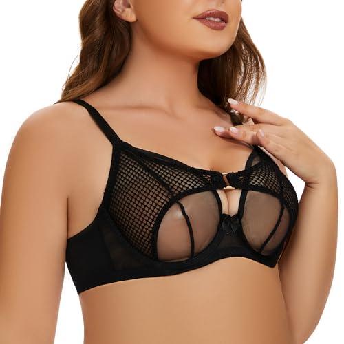 ANGABRIEL Sheer Mesh Bra for Women Black Fishnet Panelled Balconette Bra Undwired Unlined Lace Bra - AngAbRiel Best Lingerie Shop Online