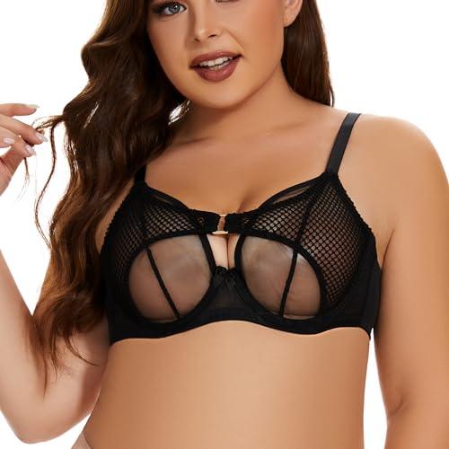 ANGABRIEL Sheer Mesh Bra for Women Black Fishnet Panelled Balconette Bra Undwired Unlined Lace Bra - AngAbRiel Best Lingerie Shop Online